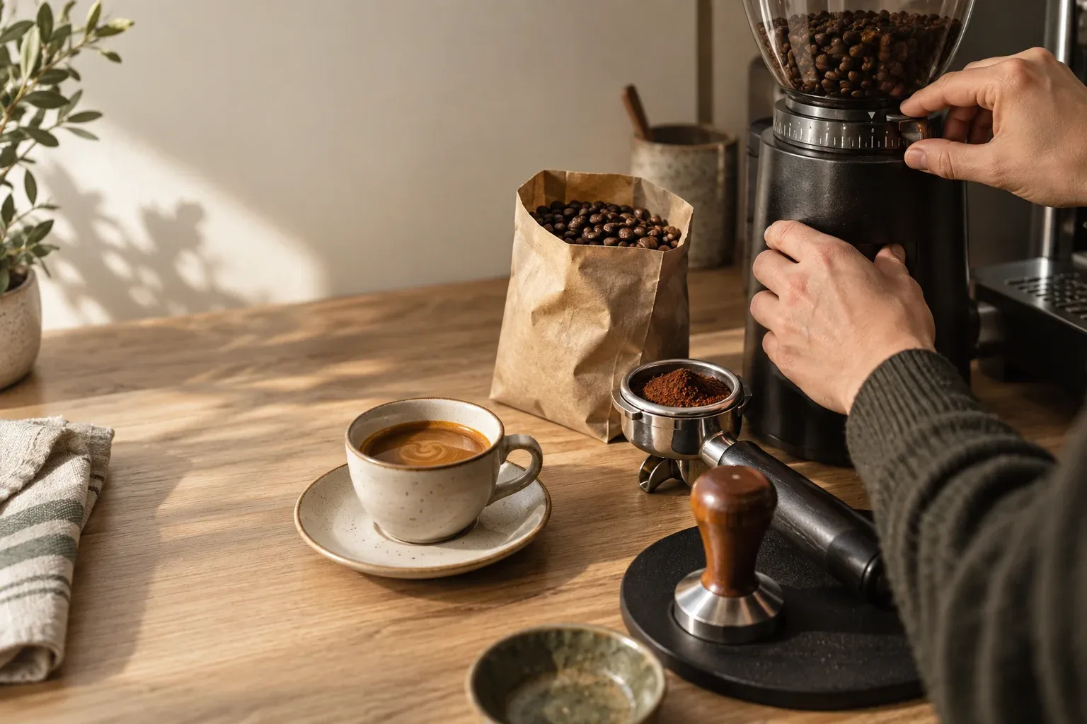 Home barista adjusting an espresso grinder beside an open bag of coffee beans