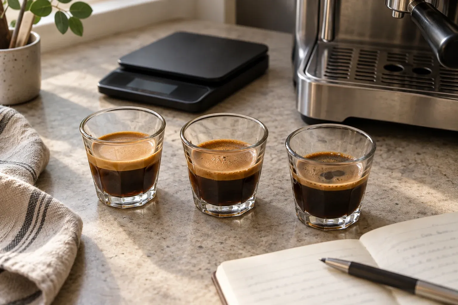 Three espresso shots beside a scale and notebook for comparing recipes and taste